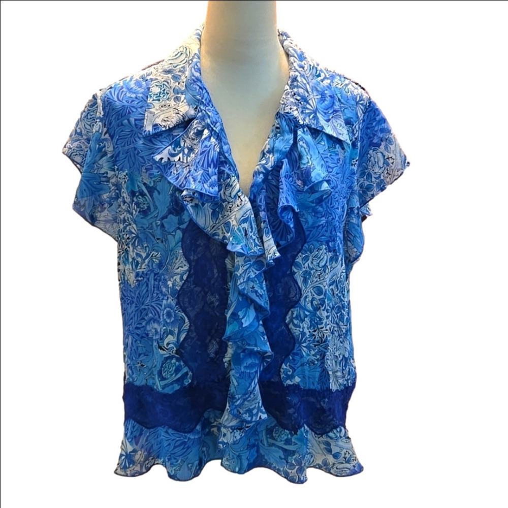 Robbie Bee Ruffle Front Button Up Blouse Flutter Sleeves Lace Trim Women size 16